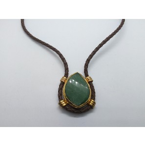 Zilver gg.verguld collier met leer en groene jade - 996