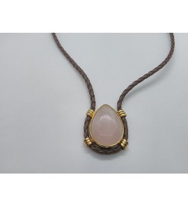 Zilver gg.verguld collier met leer en rosequarts - 998