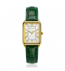 ZINZI Elegance bicolor horloge witte wijzerplaat en rechthoekige goudkleurige kast en groene leren band 28mm extra dun ZIW1907G - 1065