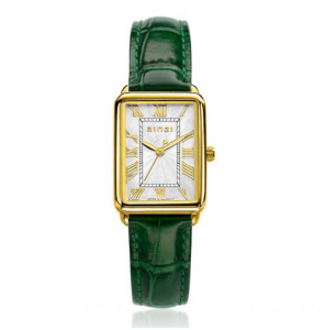 ZINZI Elegance bicolor horloge witte wijzerplaat en rechthoekige goudkleurige kast en groene leren band 28mm extra dun ZIW1907G - 1065