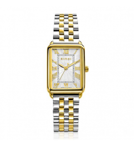 ZINZI Elegance bicolor horloge witte wijzerplaat en rechthoekige goudkleurige kast en bicolor stalen schakelband 28mm extra dun ZIW1907 - 1066