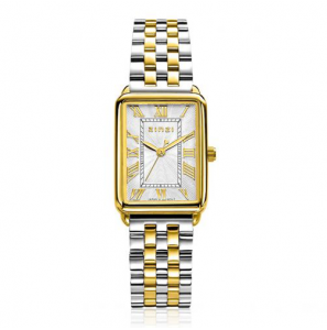 ZINZI Elegance bicolor horloge witte wijzerplaat en rechthoekige goudkleurige kast en bicolor stalen schakelband 28mm extra dun ZIW1907 - 1066