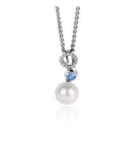 ZINZI zlv. hanger met witte parel, ronde lichtblauwe kleursteen en open rondje bezet met witte zirconia's ZIH2442 - 1096