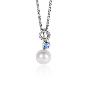 ZINZI zlv. hanger met witte parel, ronde lichtblauwe kleursteen en open rondje bezet met witte zirconia's ZIH2442 - 1096
