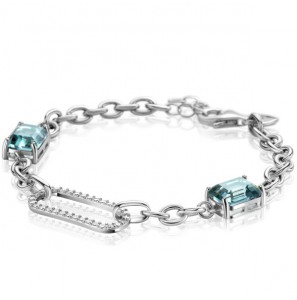ZINZI zlv. armband met ovale schakel, bezet met witte zirconia&#39;s en twee groenachtig blauwe (petrol) kleurstenen in vierpootszetting 18-21cm ZIA2487 - 1097