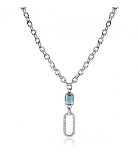 ZINZI zlv. ovale schakel ketting 45cm met luxe hanger met ovale schakel, bezet met witte zirconia&#39;s. En groenachtig blauwe (petrol) kleursteen in vierpootszetting ZIC2487 - 1101