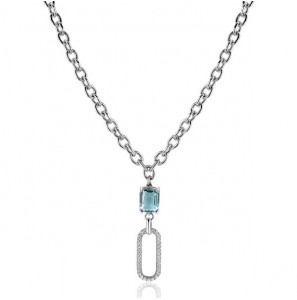 ZINZI zlv. ovale schakel ketting 45cm met luxe hanger met ovale schakel, bezet met witte zirconia&#39;s. En groenachtig blauwe (petrol) kleursteen in vierpootszetting ZIC2487 - 1101