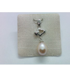 Zilver hanger hartjes met roze druppel parel - 1137