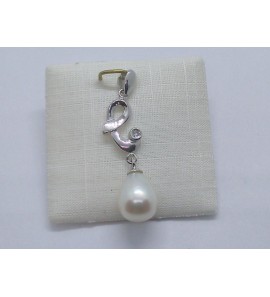 Zilver hanger met zirkonia en zw. parel - 1142
