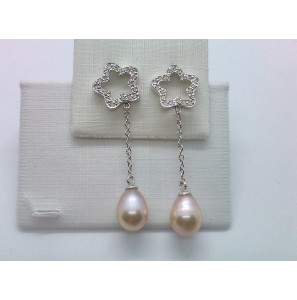 Zilver oorhangers met zirconia en zoetwaterparel - 1145