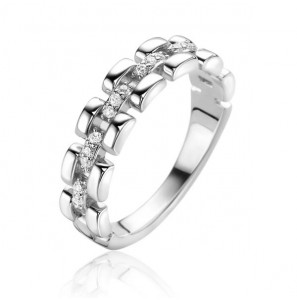 ZINZI zlv. ring met rolex-style schakels en de middenbaan bezet met witte zirconia&#39;s 5mm breed ZIR2504 - 1269