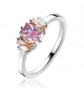 ZINZI zilveren ring, bezet met baguette geslepen zirconia&#39;s in de kleuren wit, champagne en roze ZIR2490 - 1308