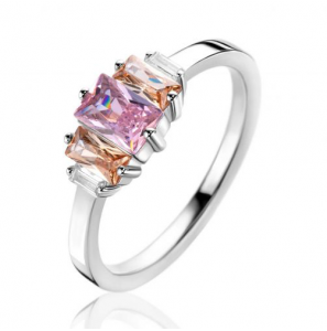 ZINZI zilveren ring, bezet met baguette geslepen zirconia&#39;s in de kleuren wit, champagne en roze ZIR2490 - 1308