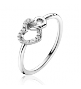 ZINZI zilveren ring 2 hartjes met elkaar verbonden, 1 hart bezet met witte zirconia&#39;s ZIR2493 - 1309