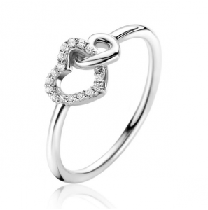 ZINZI zilveren ring 2 hartjes met elkaar verbonden, 1 hart bezet met witte zirconia&#39;s ZIR2493 - 1309