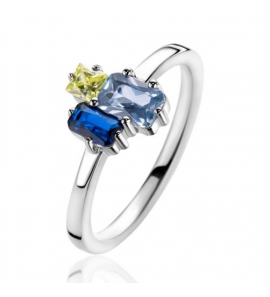 ZINZI zilveren ring met rechthoekige zettingen, bezet met licht groene, licht blauwe en saffier blauwe kleurstenen ZIR2496 - 1311