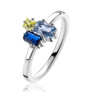 ZINZI zilveren ring met rechthoekige zettingen, bezet met licht groene, licht blauwe en saffier blauwe kleurstenen ZIR2496 - 1311