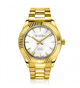 ZINZI Solaris horloge met witte parelmoer wijzerplaat, stalen geelgoudkleurige kast 35mm en stalen band met clip-sluiting. Het Japanse uurwerk loopt op zon- en kunstlicht ZIW2134 - 3230391