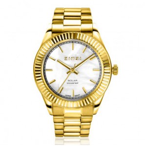 ZINZI Solaris horloge met witte parelmoer wijzerplaat, stalen geelgoudkleurige kast 35mm en stalen band met clip-sluiting. Het Japanse uurwerk loopt op zon- en kunstlicht ZIW2134 - 3230391