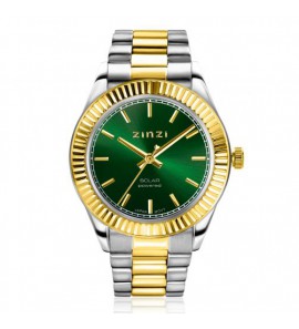 ZINZI Solaris horloge met groene wijzerplaat, stalen bicolor kast 35mm en stalen bicolor band met clip-sluiting. Het Japanse uurwerk loopt op zon- en kunstlicht ZIW2135 - 3230392