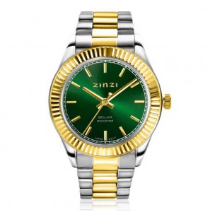 ZINZI Solaris horloge met groene wijzerplaat, stalen bicolor kast 35mm en stalen bicolor band met clip-sluiting. Het Japanse uurwerk loopt op zon- en kunstlicht ZIW2135 - 3230392