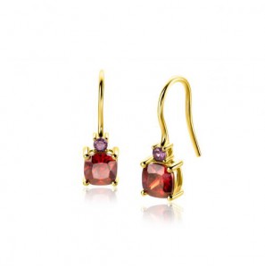 19mm ZINZI gold plated zilveren oorhangers met vierpootszettingen rood granaat en paarse kleurstenen ZIO2563H - 3230402