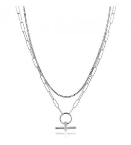 ZINZI zilveren schakel ketting 50cm met multilook: combinatie van gourmet en paperclip schakels en trendy T-bar bezet met witte zirconia&#39;s ZIC2462 - 3230413