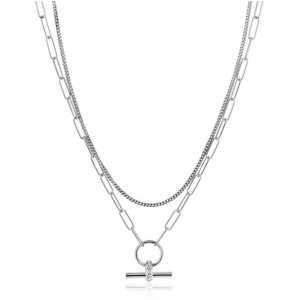 ZINZI zilveren schakel ketting 50cm met multilook: combinatie van gourmet en paperclip schakels en trendy T-bar bezet met witte zirconia&#39;s ZIC2462 - 3230413