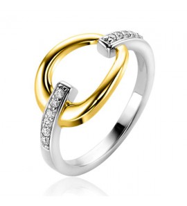 ZINZI zilveren bicolor ring met gold plated open druppelvorm, witte zirconia&#39;s in scheen ZIR1709Y - 3230428
