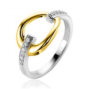 ZINZI zilveren bicolor ring met gold plated open druppelvorm, witte zirconia&#39;s in scheen ZIR1709Y - 3230428