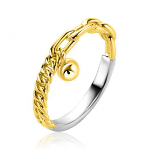 ZINZI gold plated zilveren ring met gourmet en paperclip schakel en bolletjes hanger ZIR2521G - 3230441