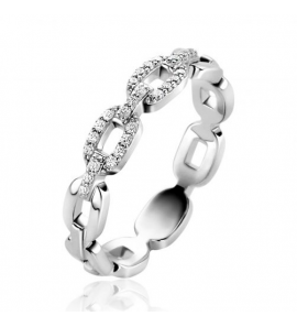 ZINZI zilveren schakelring met trendy ovale schakels, schitterend bezet met witte zirconia's 4mm breed ZIR2552 - 3230445