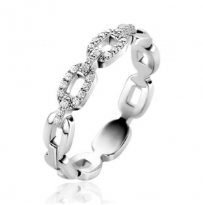 ZINZI zilveren schakelring met trendy ovale schakels, schitterend bezet met witte zirconia's 4mm breed ZIR2552 - 3230445