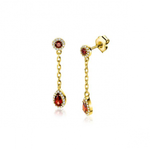 ZINZI gold plated zilveren oorstekers met schakelkettinkje en druppelvormige rood granaat kleursteen en witte zirconia's ZIO2560 - 3230461