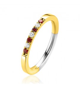ZINZI gold plated zilveren aanschuifring 2mm breed in chatonzettingen bezet met rood granaat kleurstenen en witte zirconia&#39;s ZIR2558 - 3230469
