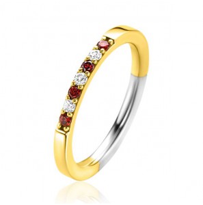ZINZI gold plated zilveren aanschuifring 2mm breed in chatonzettingen bezet met rood granaat kleurstenen en witte zirconia&#39;s ZIR2558 - 3230469