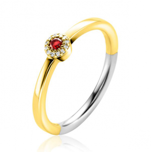 ZINZI gold plated zilveren ring ronde zetting met rood granaat kleursteen en rondom witte zirconia's 4,5mm breed ZIR2560 - 3230470