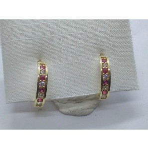 Goud klap oorringen met zirkonia rood/wit 12.5x2.4 mm - 3230670
