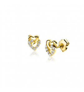 ZINZI Gold 14 krt gouden oorstekers verbonden open hartjes, glad en bezet met witte zirconia's ZGO472 - 3230925