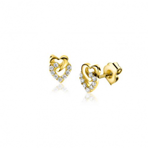 ZINZI Gold 14 krt gouden oorstekers verbonden open hartjes, glad en bezet met witte zirconia's ZGO472 - 3230925