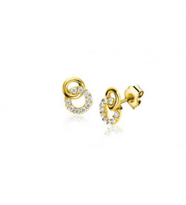 ZINZI Gold 14 krt gouden oorstekers verbonden open rondjes, glad en bezet met witte zirconia's ZGO471 - 3230926