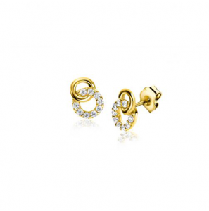 ZINZI Gold 14 krt gouden oorstekers verbonden open rondjes, glad en bezet met witte zirconia's ZGO471 - 3230926