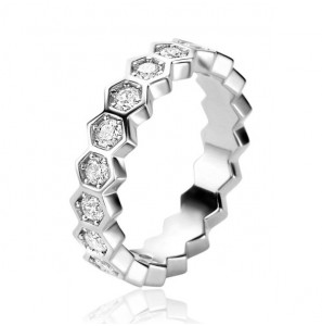 ZINZI zilveren brede ring met zeshoeksvormen, bezet met witte zirconia&#39;s ZIR2543 - 3240015