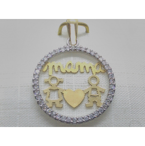Goud Hanger fantasie rondje mama en jongen & meisje en zirkonia's - 3240278