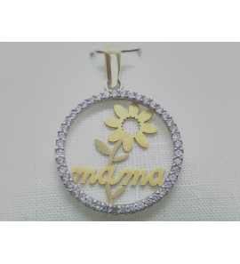 Goud Hanger fantasie rondje mama met bloem en zirkonia's - 3240279
