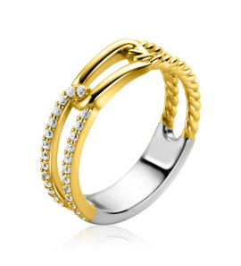 ZINZI gold plated zilveren luxe ring 5mm breed met drie paperclip schakels, glad bewerkt witte zirconia's - 3240596