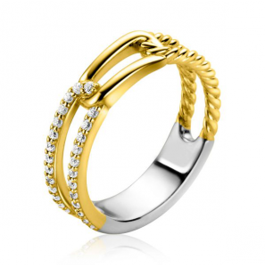 ZINZI gold plated zilveren luxe ring 5mm breed met drie paperclip schakels, glad bewerkt witte zirconia's - 3240596