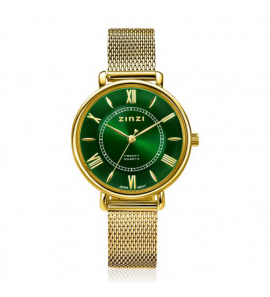 ZINZI Twenty horloge met groene wijzerplaat, geelgoudkleurige stalen kast 34mm en stalen meshband - 3240599