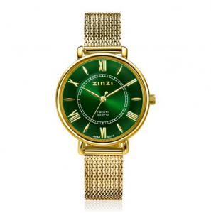 ZINZI Twenty horloge met groene wijzerplaat, geelgoudkleurige stalen kast 34mm en stalen meshband - 3240599