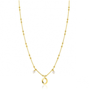 Afbeelding vergroten Ga naar het begin van de afbeeldingen-gallerij ZINZI gold plated zilveren fantasie ketting met kleine bolletjes, twee bungelende witte pareltjes en organische open vorm in het midden 42-45cm - 3240977